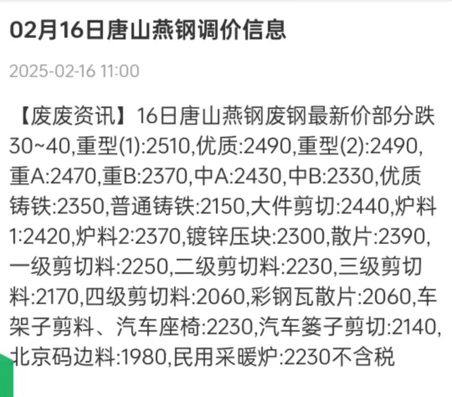 唐山废铁价格价格表